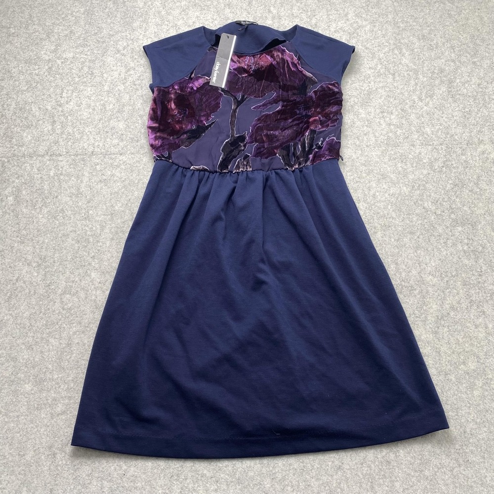 Daisy Fuentes Dress Womens Medium Blue Velvet Floral A-Line Short Sleeve